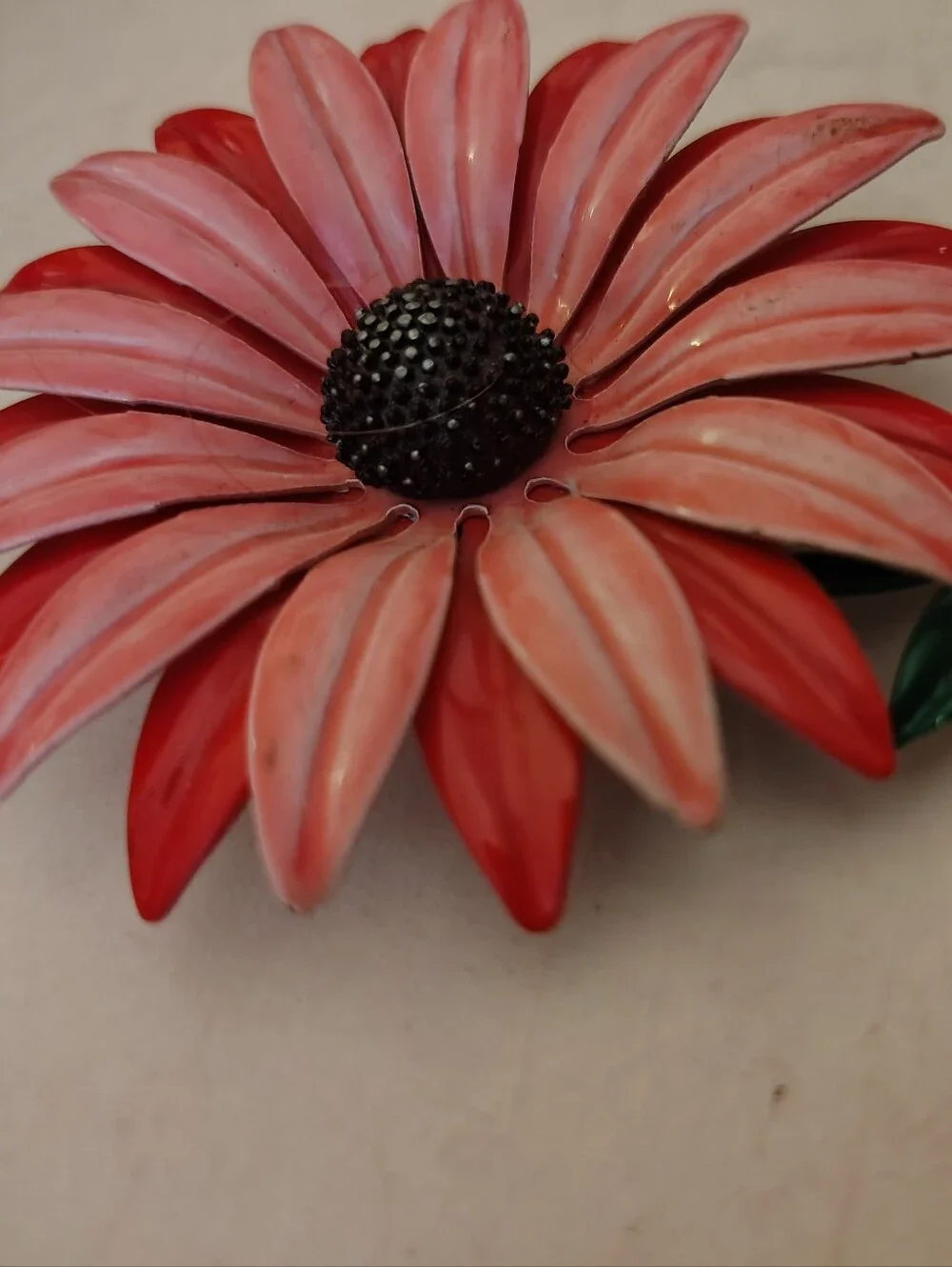 Vintage 1960s Coral Orange Enamel Daisy Flower Brooch Pin w/ Green Stem
